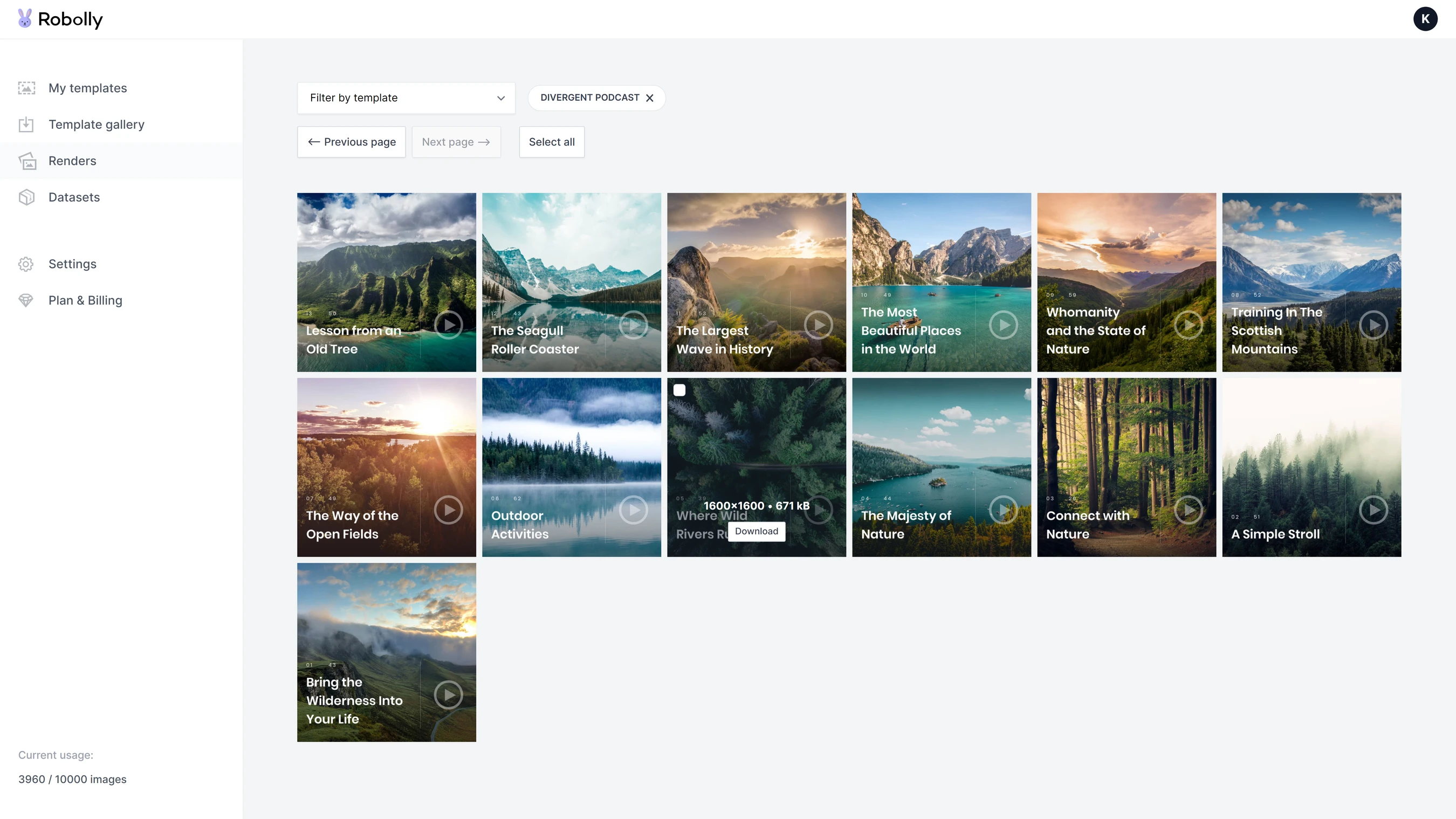 Robolly dashboard showing rendered images